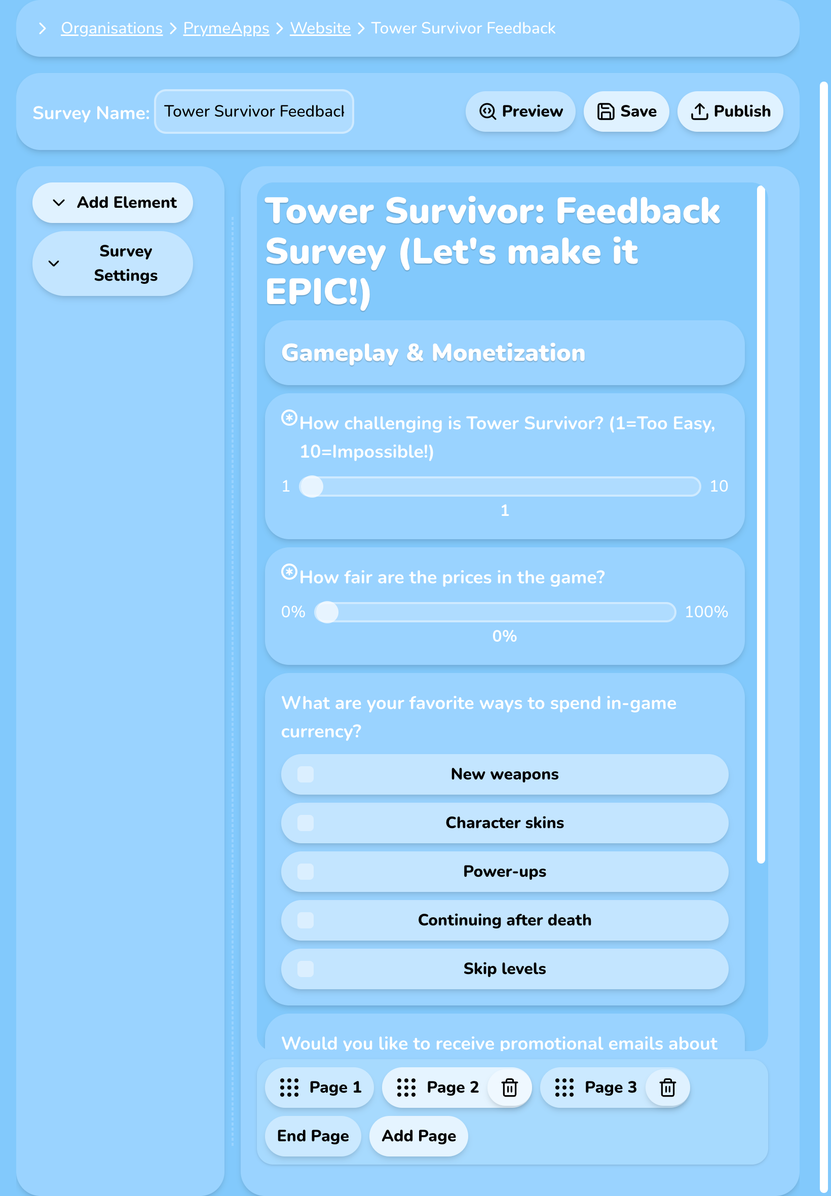 Simply Feedback survey editor screen